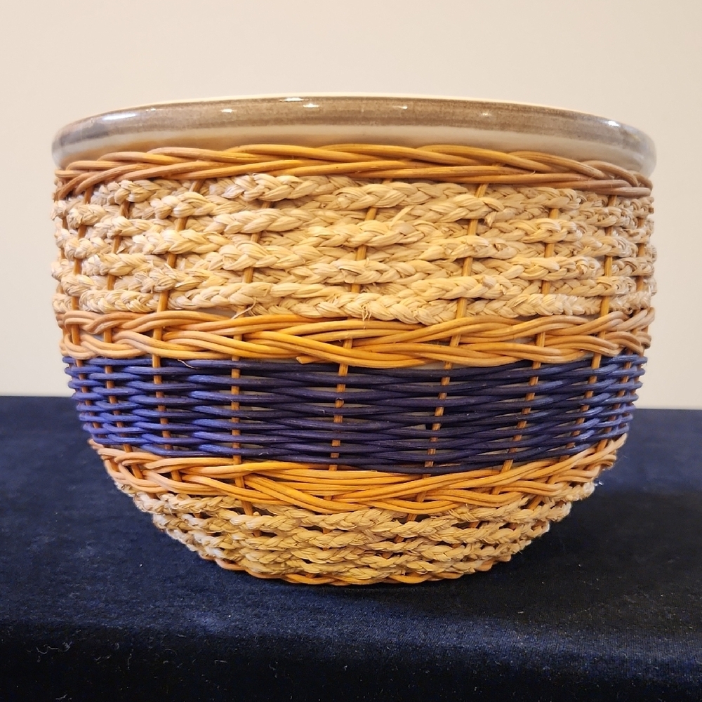 Vietnamese cracked planter, handcrafted Woven Basket with Blue and Tan Accents